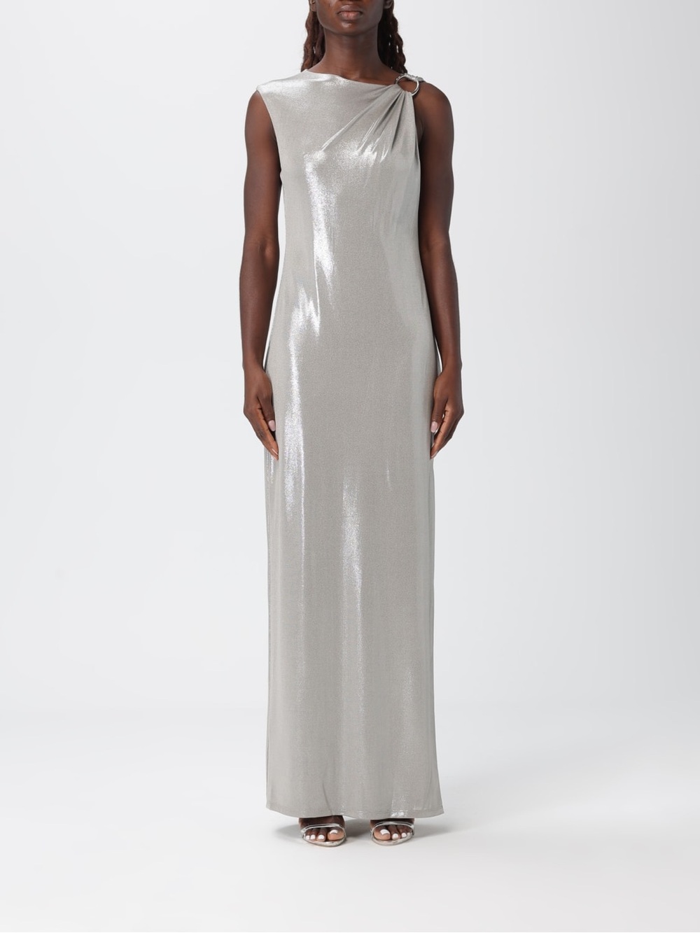 NWT Lauren Ralph Lauren Silver Metallic Ring Buckle Column Gown Size 6 LE S25